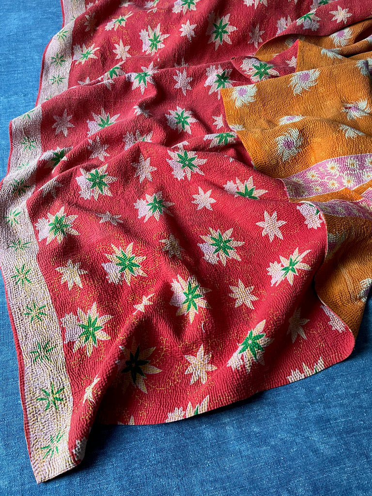 red orange green kantha bedspread cotton sofa throw large hand stitched quilt machine washable