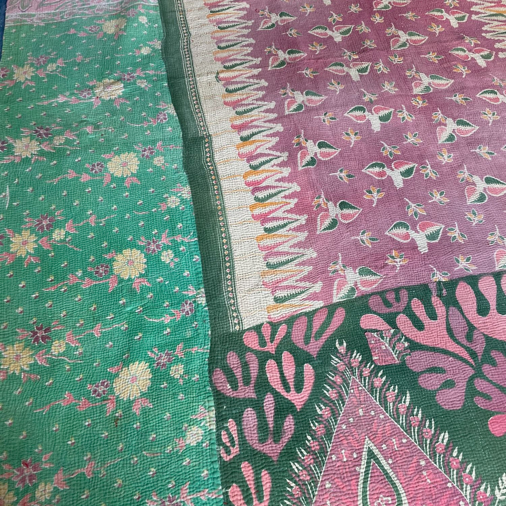 
                  
                    pink green cotton quilt kantha bedspread bedcover sofa throw blanket pretty single washable
                  
                