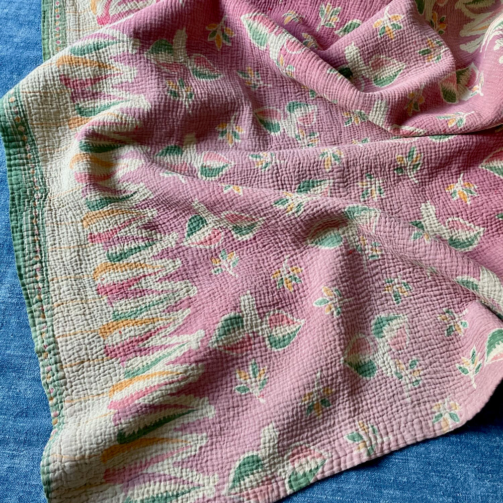 pink green cotton quilt kantha bedspread bedcover sofa throw blanket pretty single washable