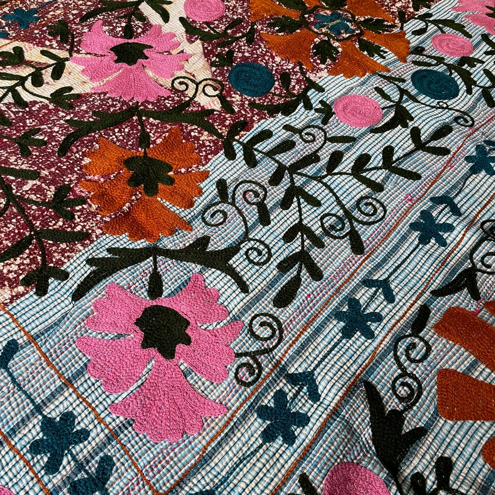 bright pink blue purple suzani embroidered quilt sofa throw wall hanging cotton washable single