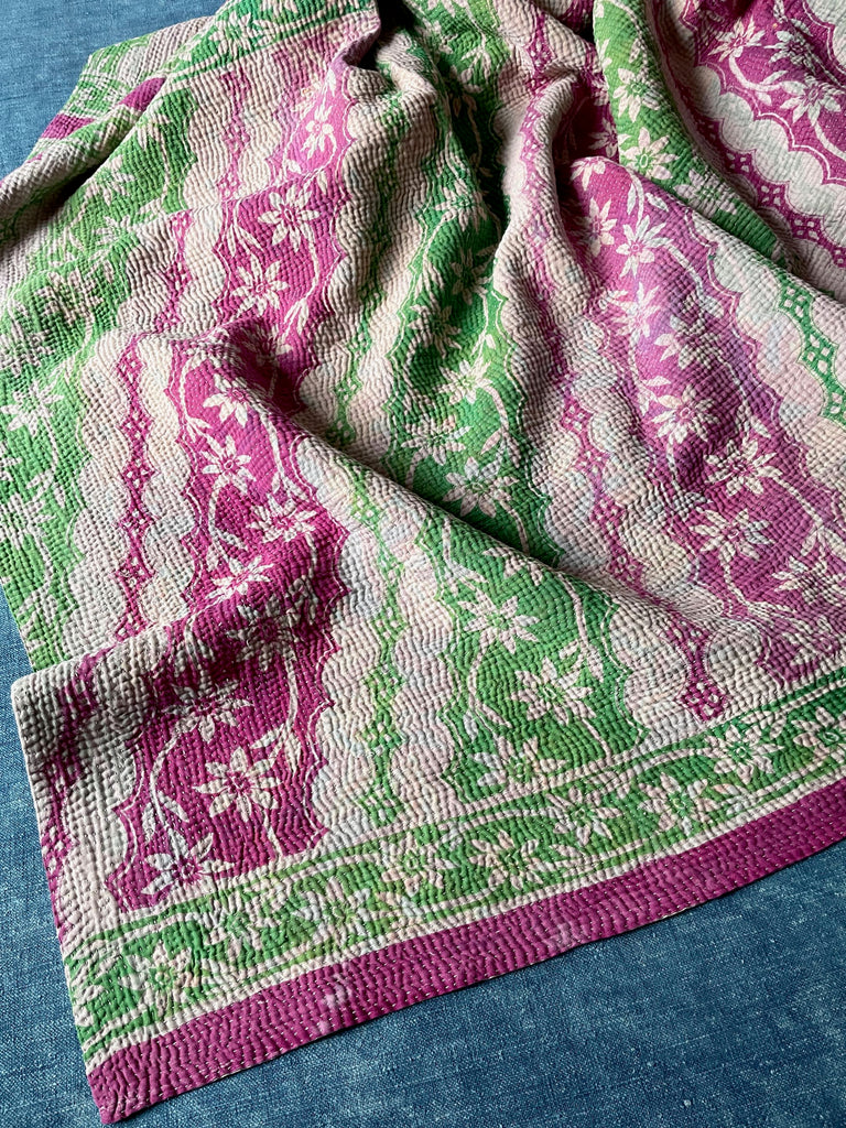 pink green floral bedspread kantha quilt sofa throw indian cotton comforter washable large