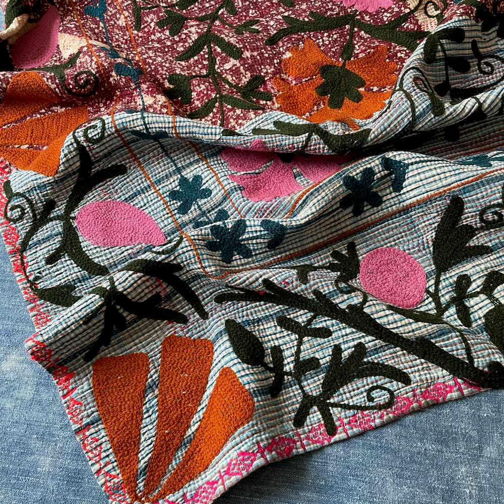 bright pink blue purple suzani embroidered quilt sofa throw wall hanging cotton washable single