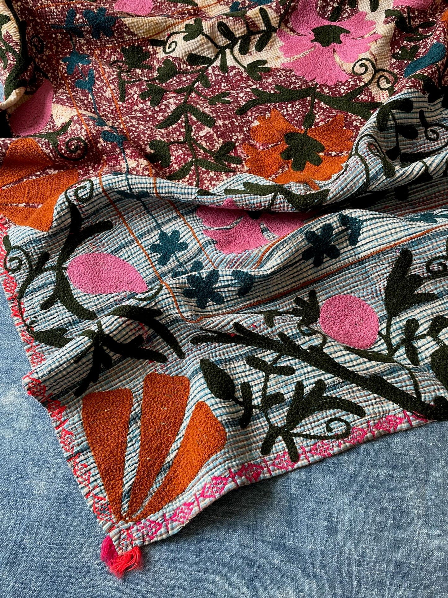 bright pink blue purple suzani embroidered quilt sofa throw wall hanging cotton washable single