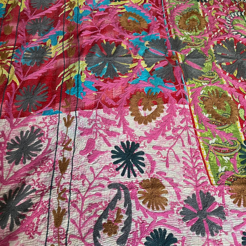 pink green red blue suzani quilt kantha throw bedspread wall hanging cotton large king washable