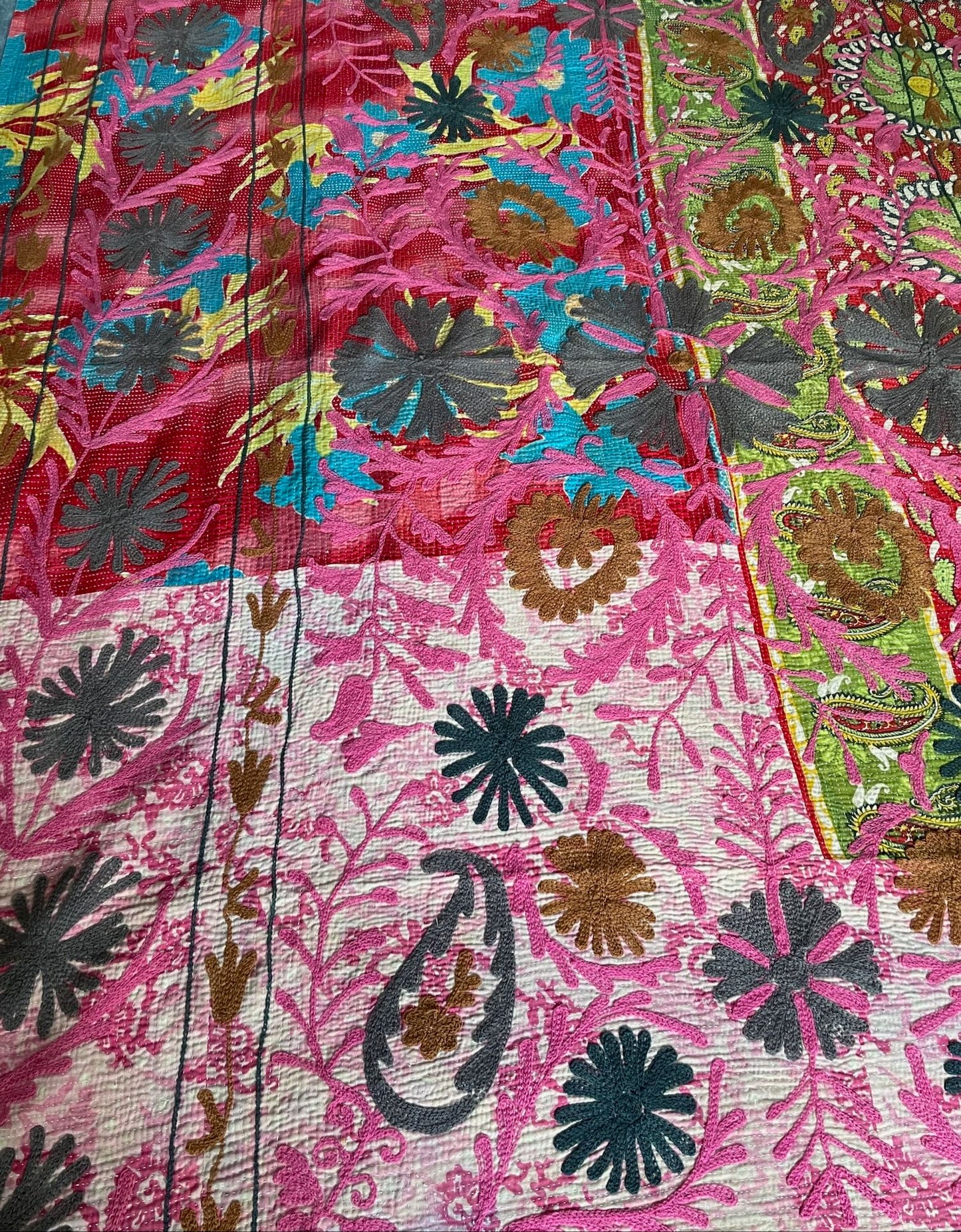 pink green red blue suzani quilt kantha throw bedspread wall hanging cotton large king washable