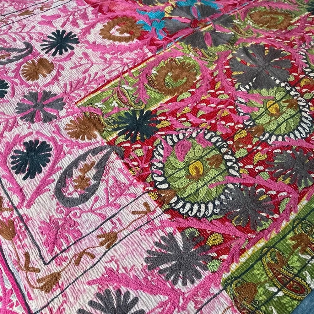 pink green red blue suzani quilt kantha throw bedspread wall hanging cotton large king washable