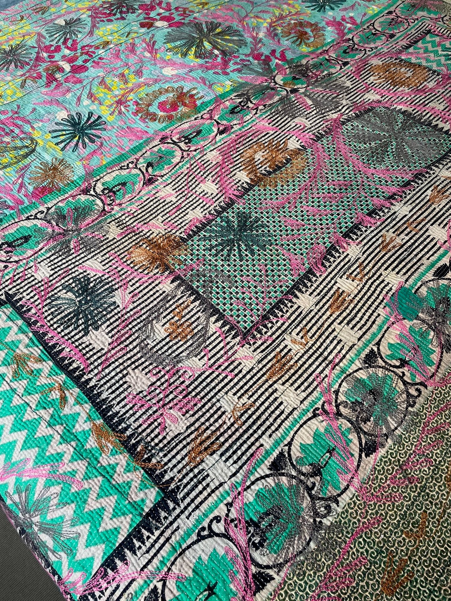 
                  
                    pink green red blue suzani quilt kantha throw bedspread wall hanging cotton large king washable
                  
                