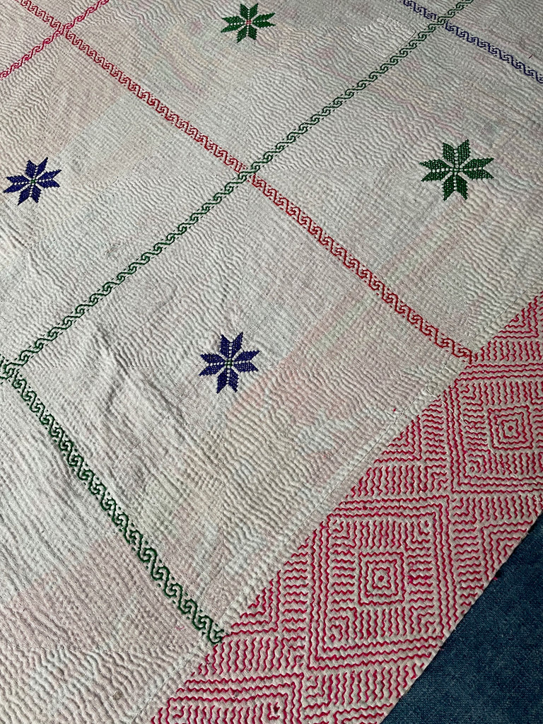 white embroidered kantha quilt bedspread sofa throw cotton comforter stars handmade
