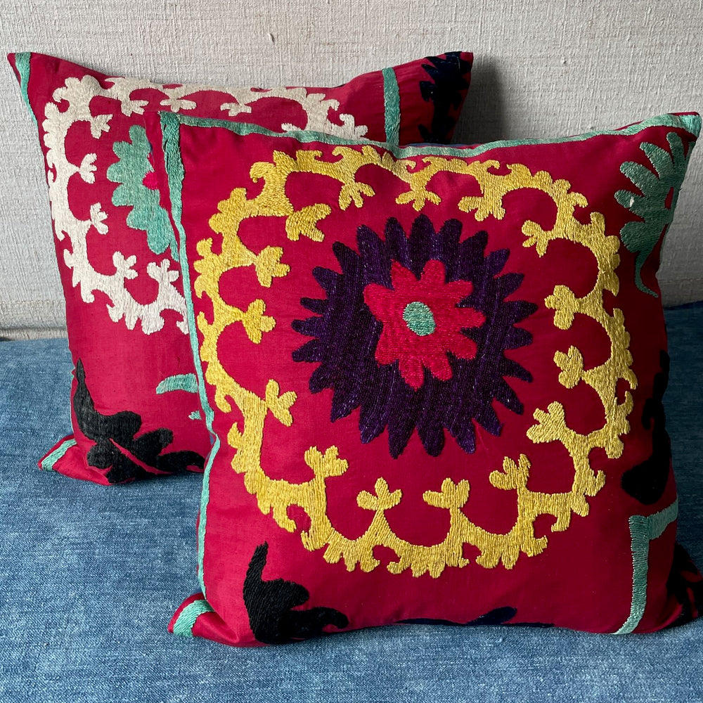 vintage suzani embroidered cushions square pillows pair two red yellow blue green hand made