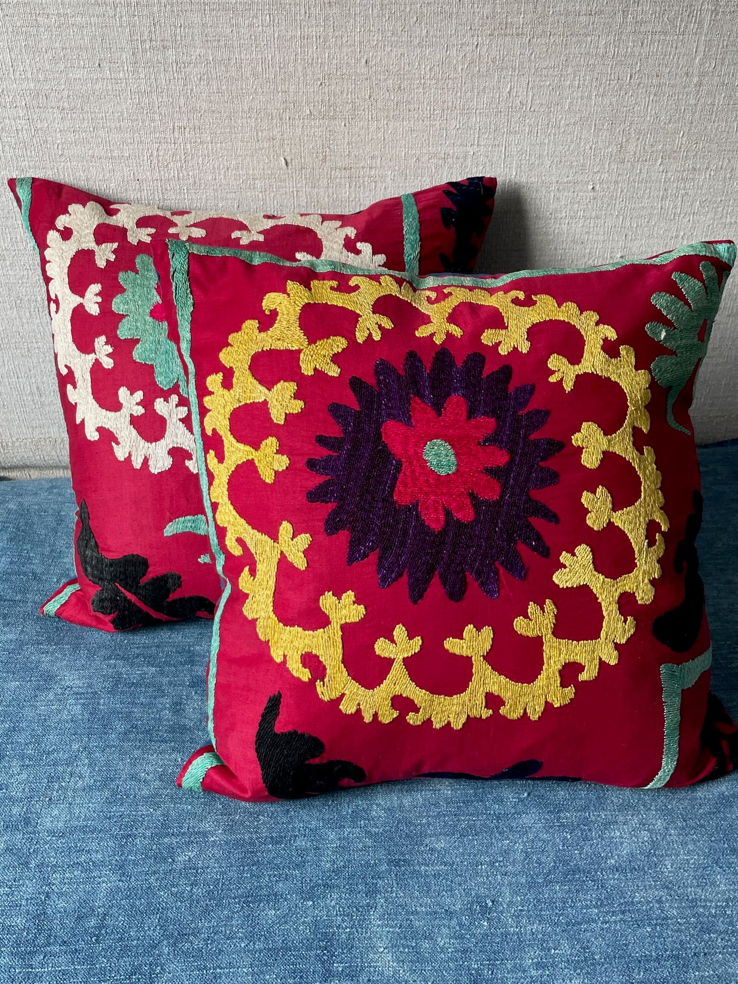 vintage suzani embroidered cushions square pillows pair two red yellow blue green hand made