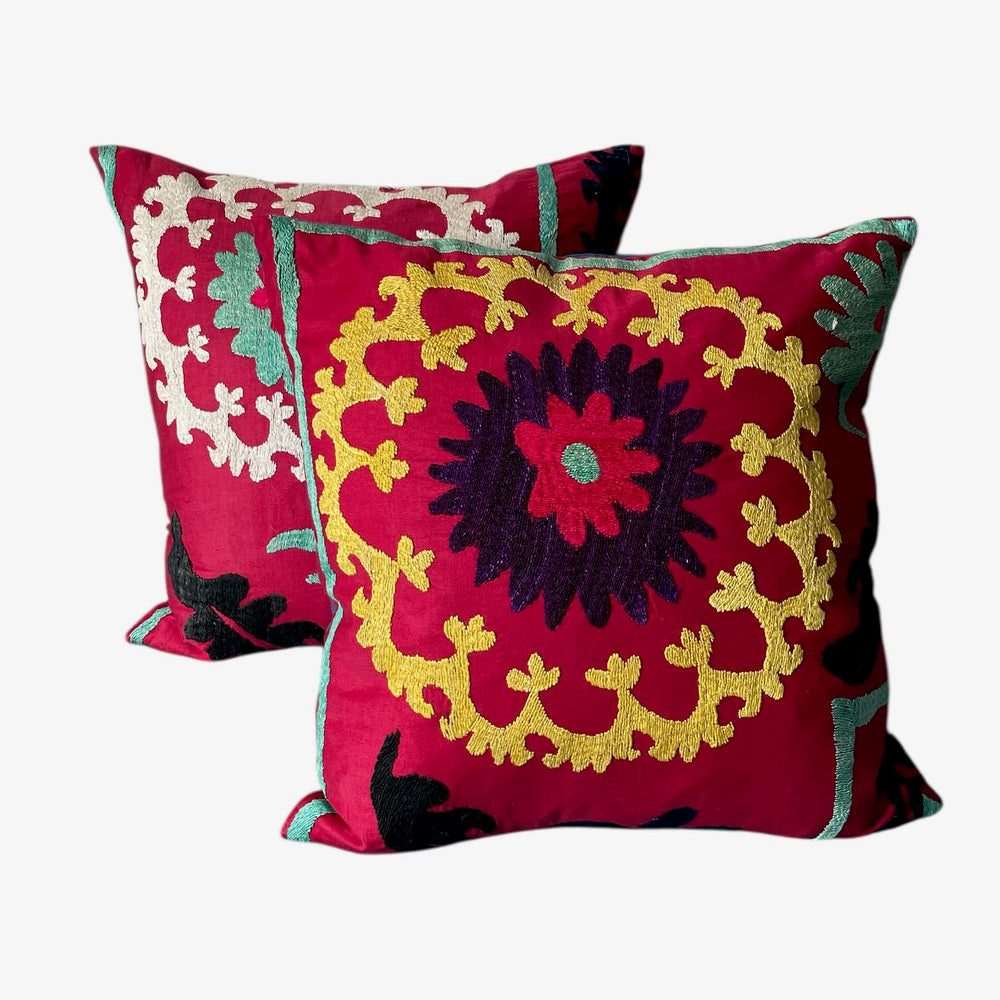 
                  
                    vintage suzani embroidered cushions square pillows pair two red yellow blue green hand made
                  
                