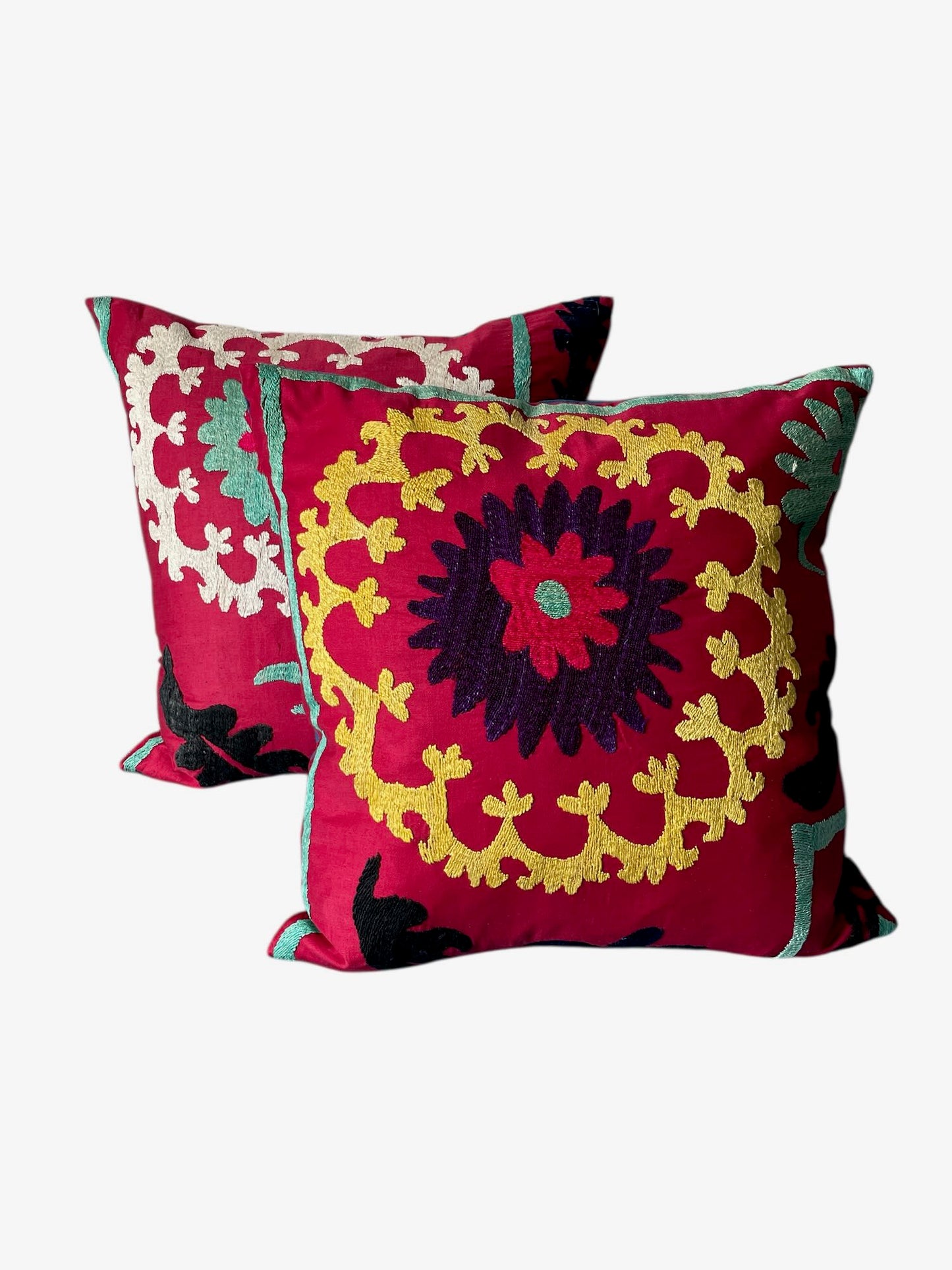 
                  
                    vintage suzani embroidered cushions square pillows pair two red yellow blue green hand made
                  
                