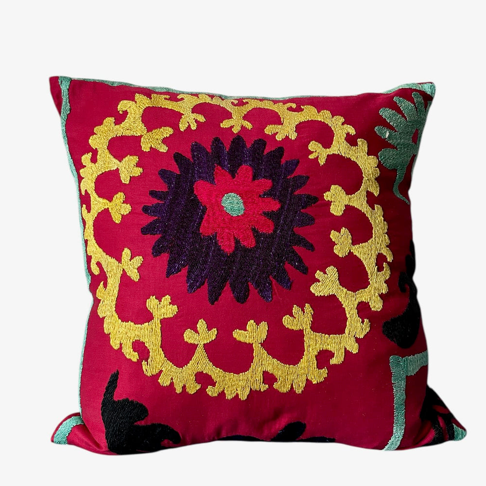 vintage suzani embroidered cushions square pillows pair two red yellow blue green hand made