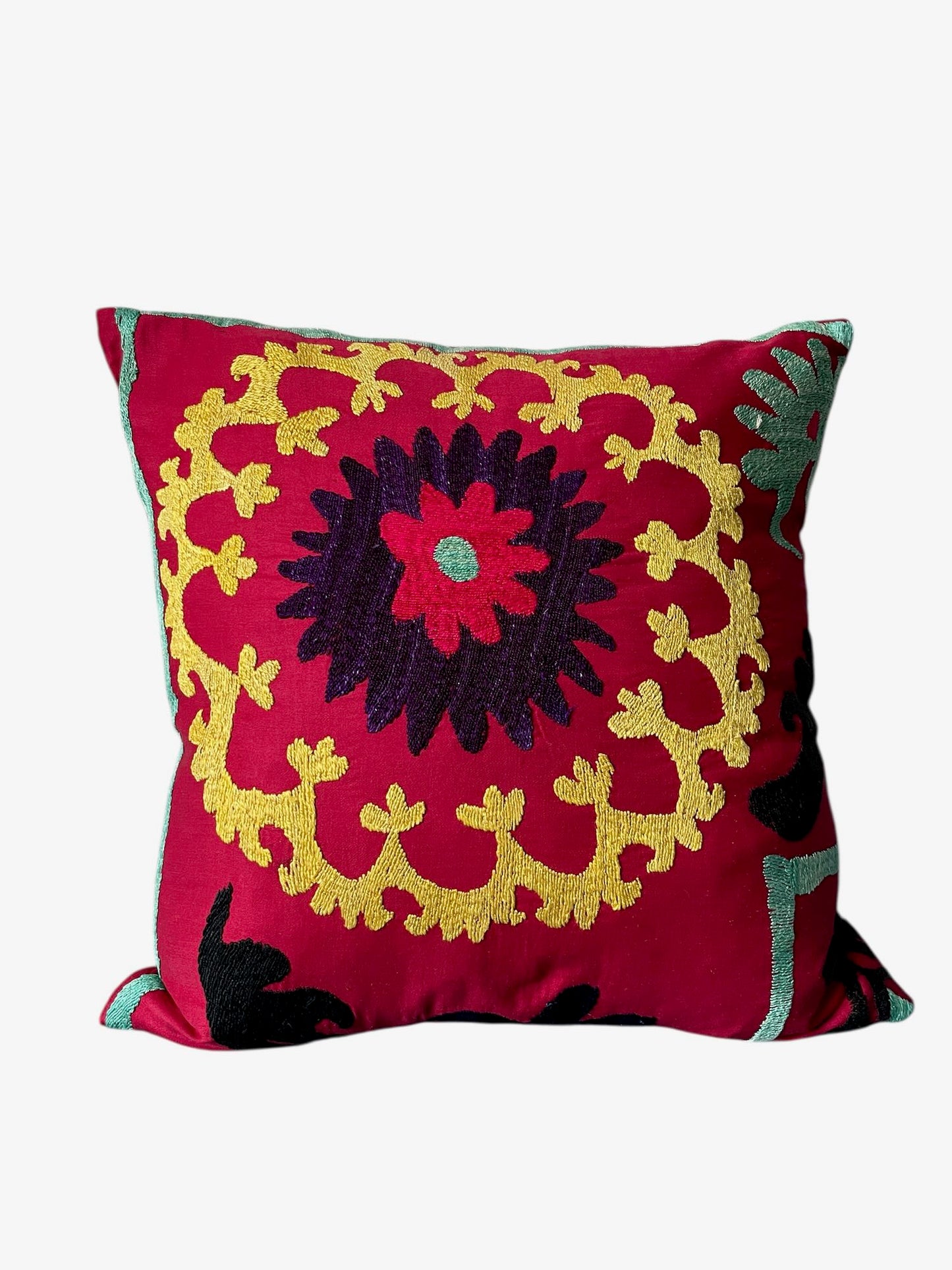 vintage suzani embroidered cushions square pillows pair two red yellow blue green hand made