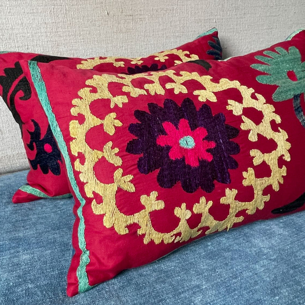 pair suzani cushions rectangular pillow bright red yellow embroidered vintage boho style sofa couch