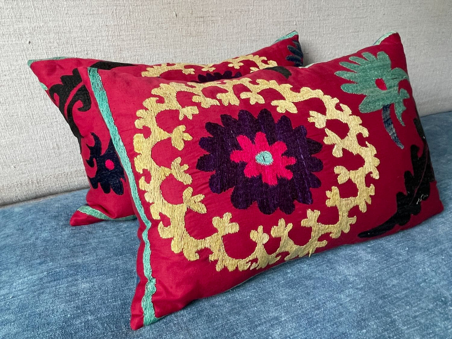 pair suzani cushions rectangular pillow bright red yellow embroidered vintage boho style sofa couch