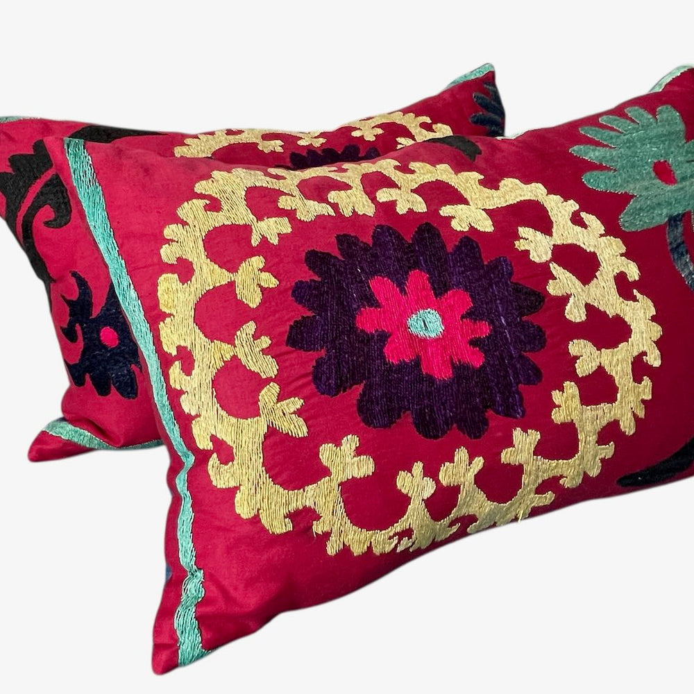 
                  
                    pair suzani cushions rectangular pillow bright red yellow embroidered vintage boho style sofa couch
                  
                