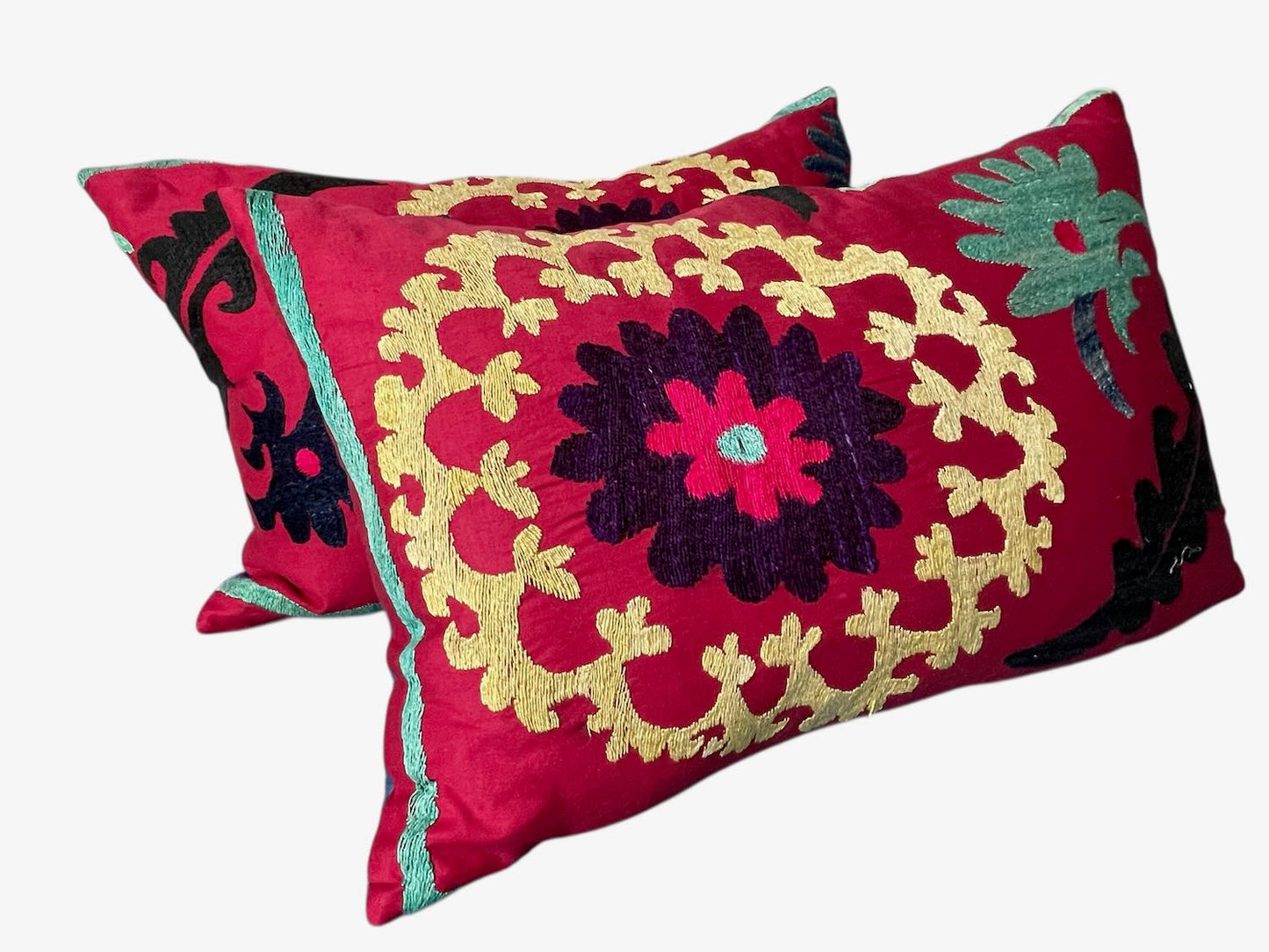 
                  
                    pair suzani cushions rectangular pillow bright red yellow embroidered vintage boho style sofa couch
                  
                