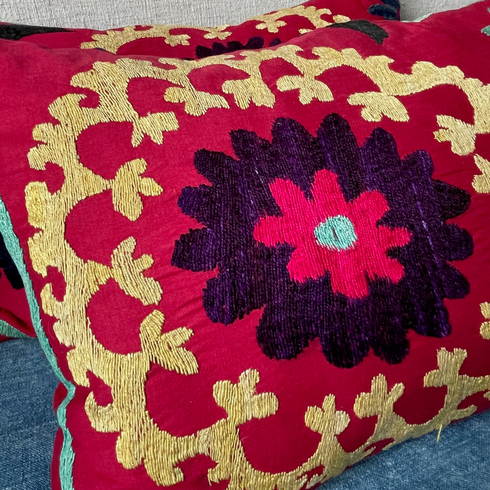 pair suzani cushions rectangular pillow bright red yellow embroidered vintage boho style sofa couch