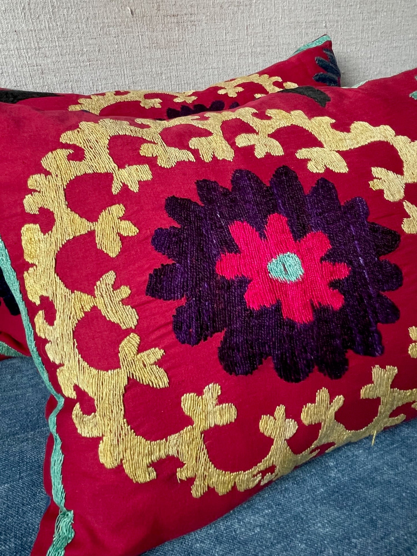 pair suzani cushions rectangular pillow bright red yellow embroidered vintage boho style sofa couch