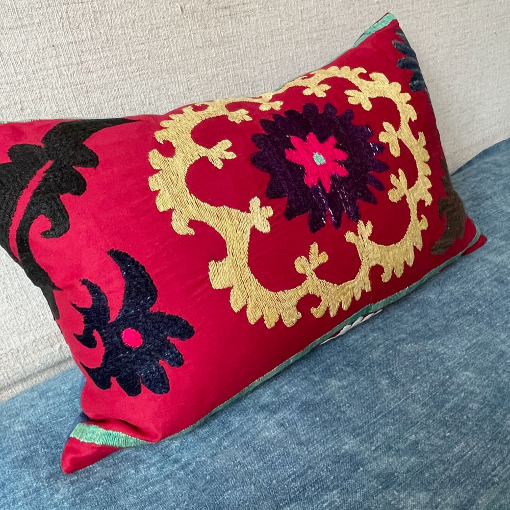 
                  
                    pair suzani cushions rectangular pillow bright red yellow embroidered vintage boho style sofa couch
                  
                