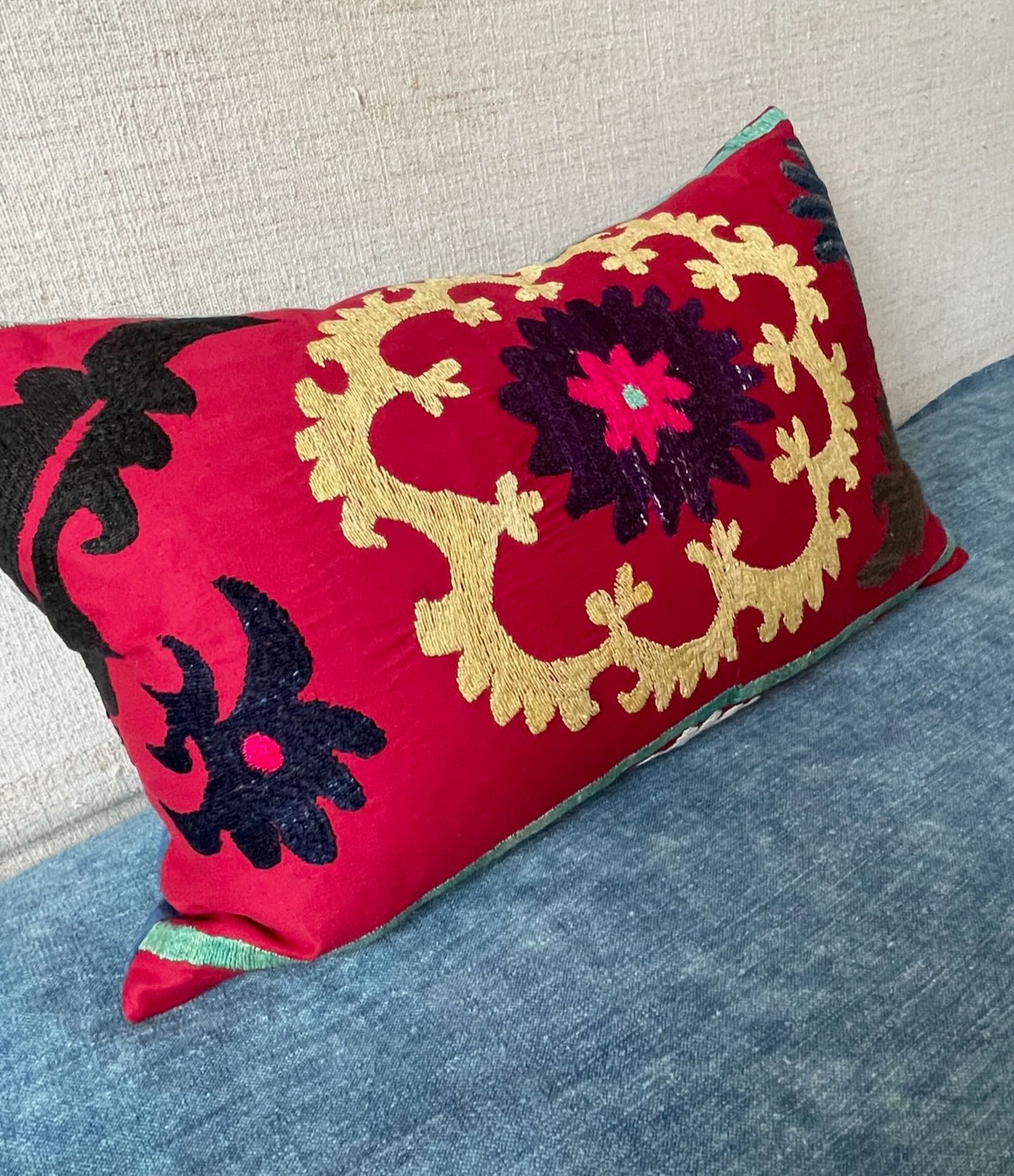 
                  
                    pair suzani cushions rectangular pillow bright red yellow embroidered vintage boho style sofa couch
                  
                