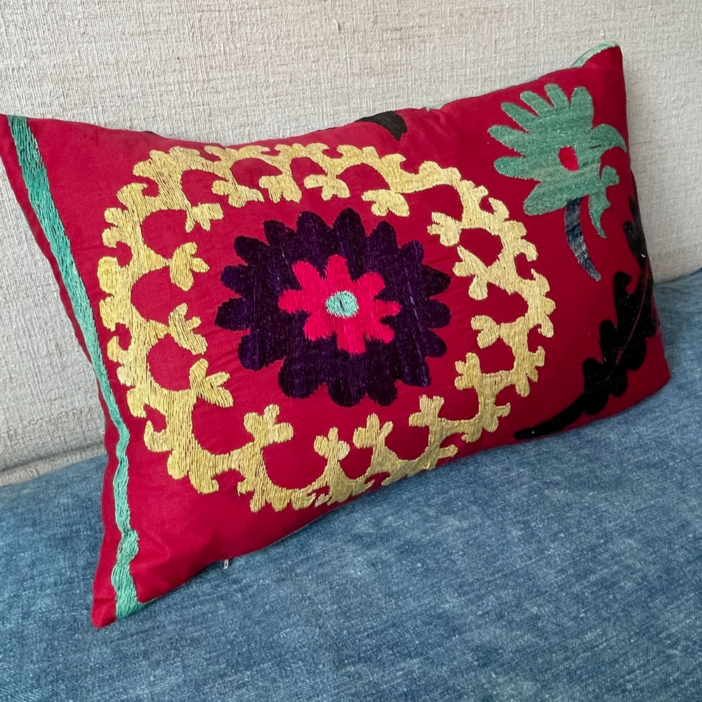 
                  
                    pair suzani cushions rectangular pillow bright red yellow embroidered vintage boho style sofa couch
                  
                