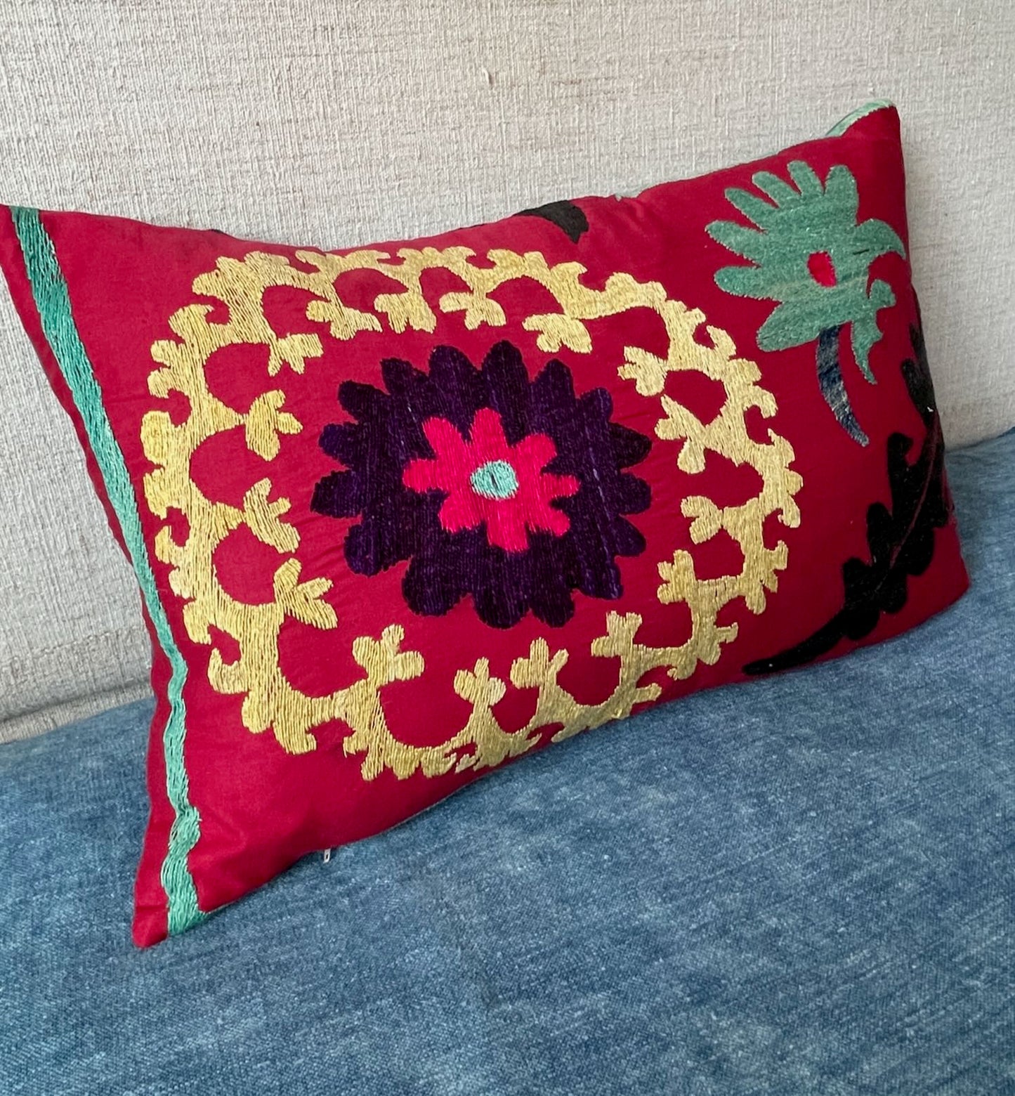 
                  
                    pair suzani cushions rectangular pillow bright red yellow embroidered vintage boho style sofa couch
                  
                