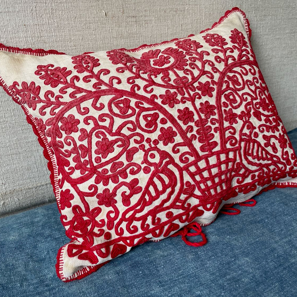 red embroidered cushion irasos pillow bird flowers cream linen feather pad transylvanian folk art
