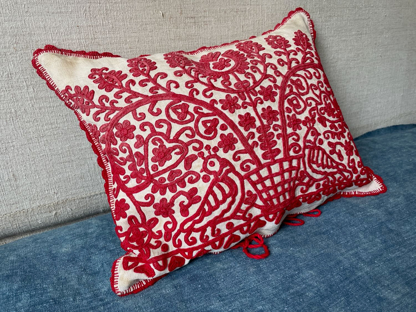 red embroidered cushion irasos pillow bird flowers cream linen feather pad transylvanian folk art
