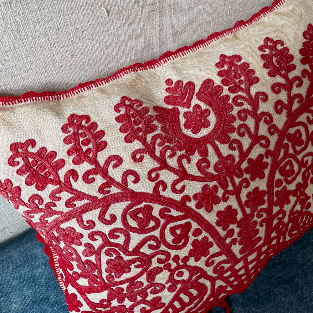 red embroidered cushion irasos pillow bird flowers cream linen feather pad transylvanian folk art