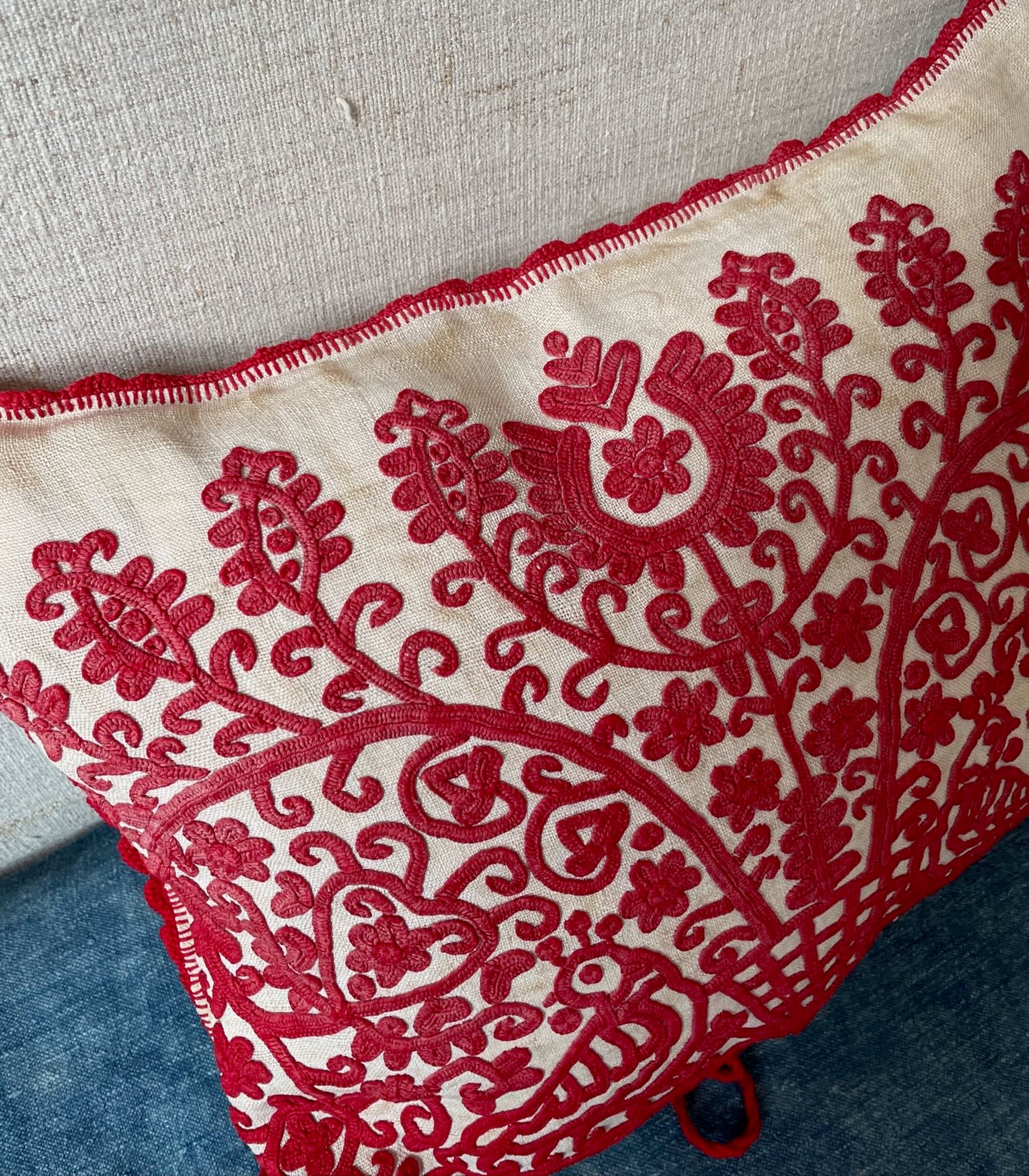 red embroidered cushion irasos pillow bird flowers cream linen feather pad transylvanian folk art