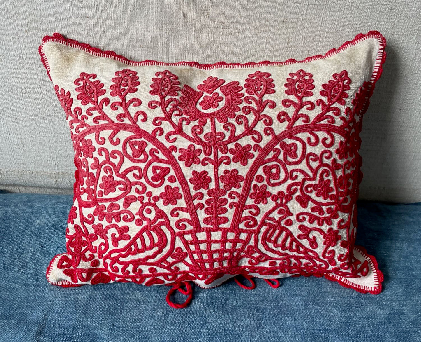 
                  
                    red embroidered cushion irasos pillow bird flowers cream linen feather pad transylvanian folk art
                  
                