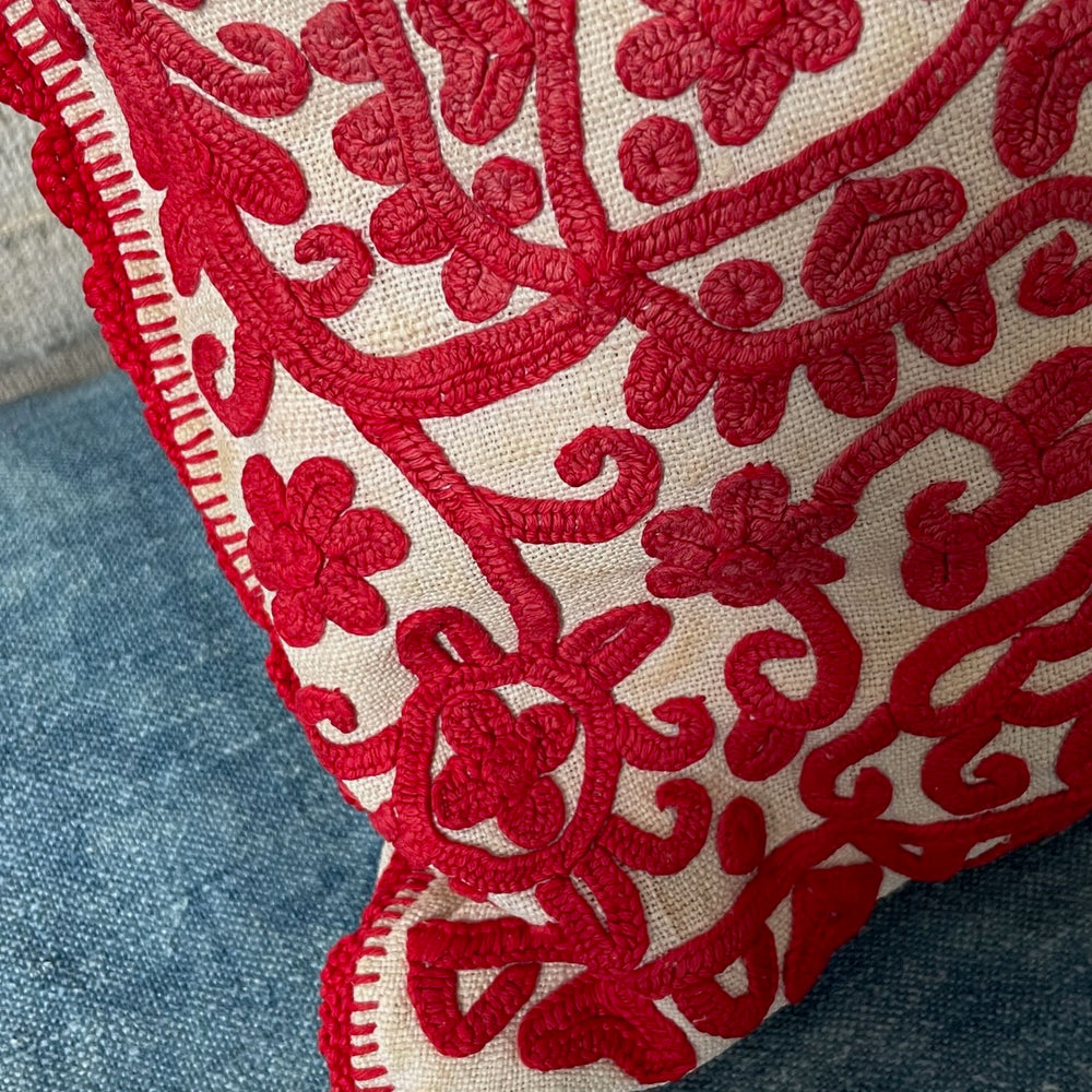 
                  
                    red embroidered cushion irasos pillow bird flowers cream linen feather pad transylvanian folk art
                  
                