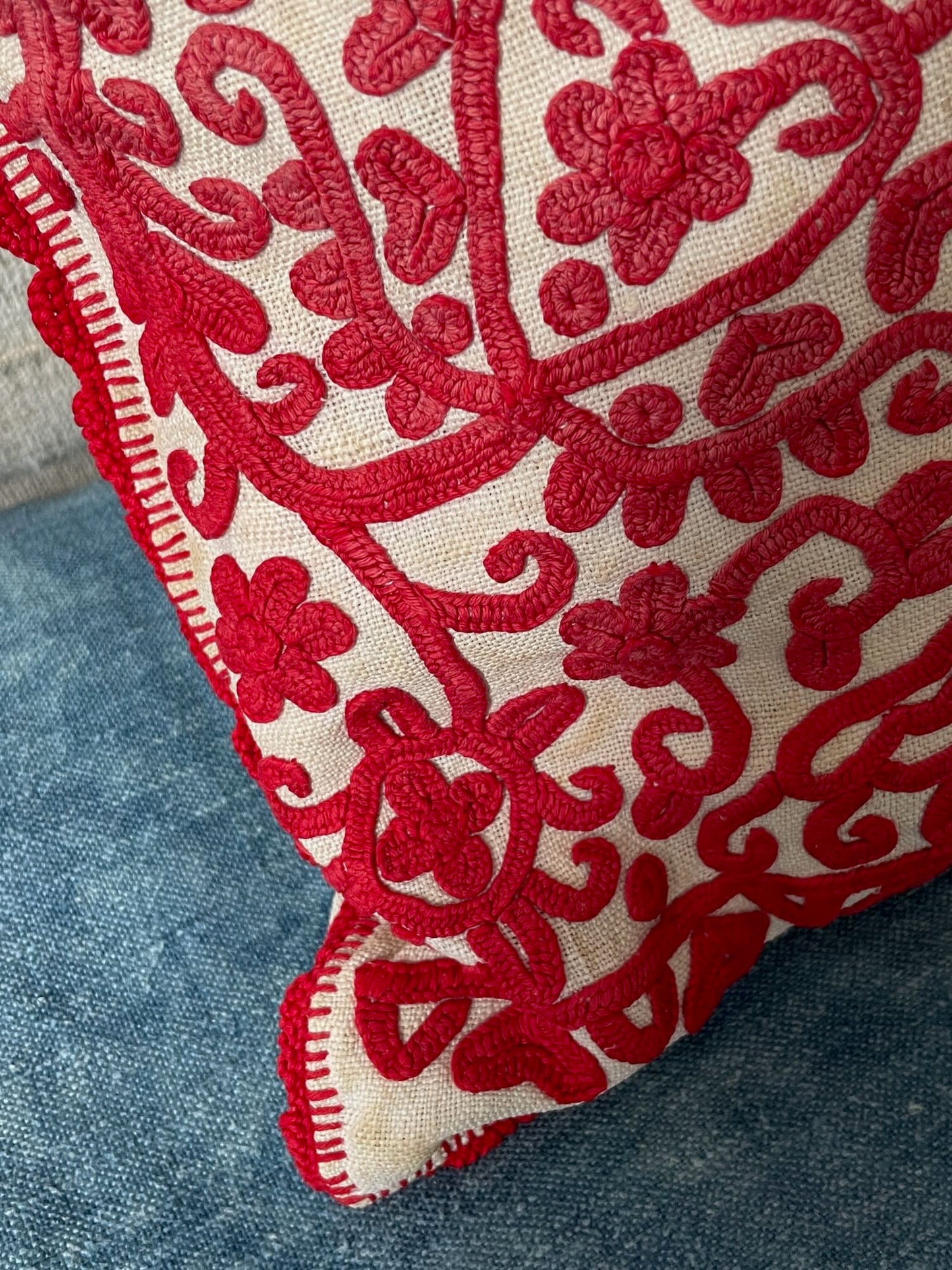 
                  
                    red embroidered cushion irasos pillow bird flowers cream linen feather pad transylvanian folk art
                  
                