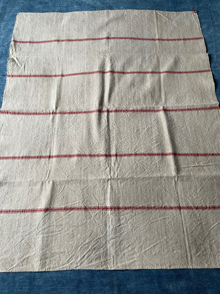 antique french hemp tablecloth rustic chanvre nappe red stripe for blinds, cushions farmhouse 