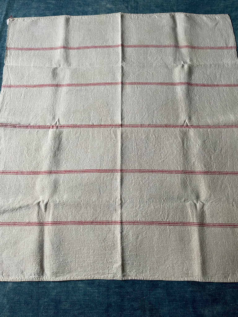 antique french hemp cloth for table, cushions or upholstery natural soft grey with red stripe