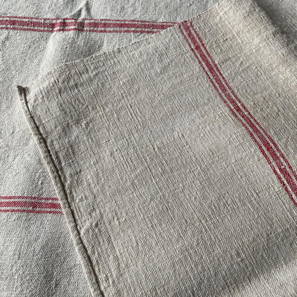
                  
                    antique french hemp cloth for table, cushions or upholstery natural soft grey with red stripe
                  
                
