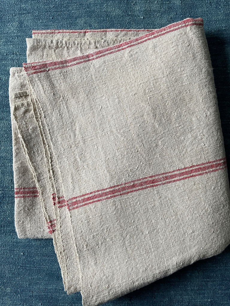 antique french hemp cloth for table, cushions or upholstery natural soft grey with red stripe