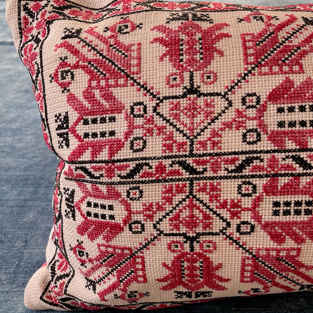 red black cushion cross stitch embroidered pillow sofa throw folk art vintage hungarian textile