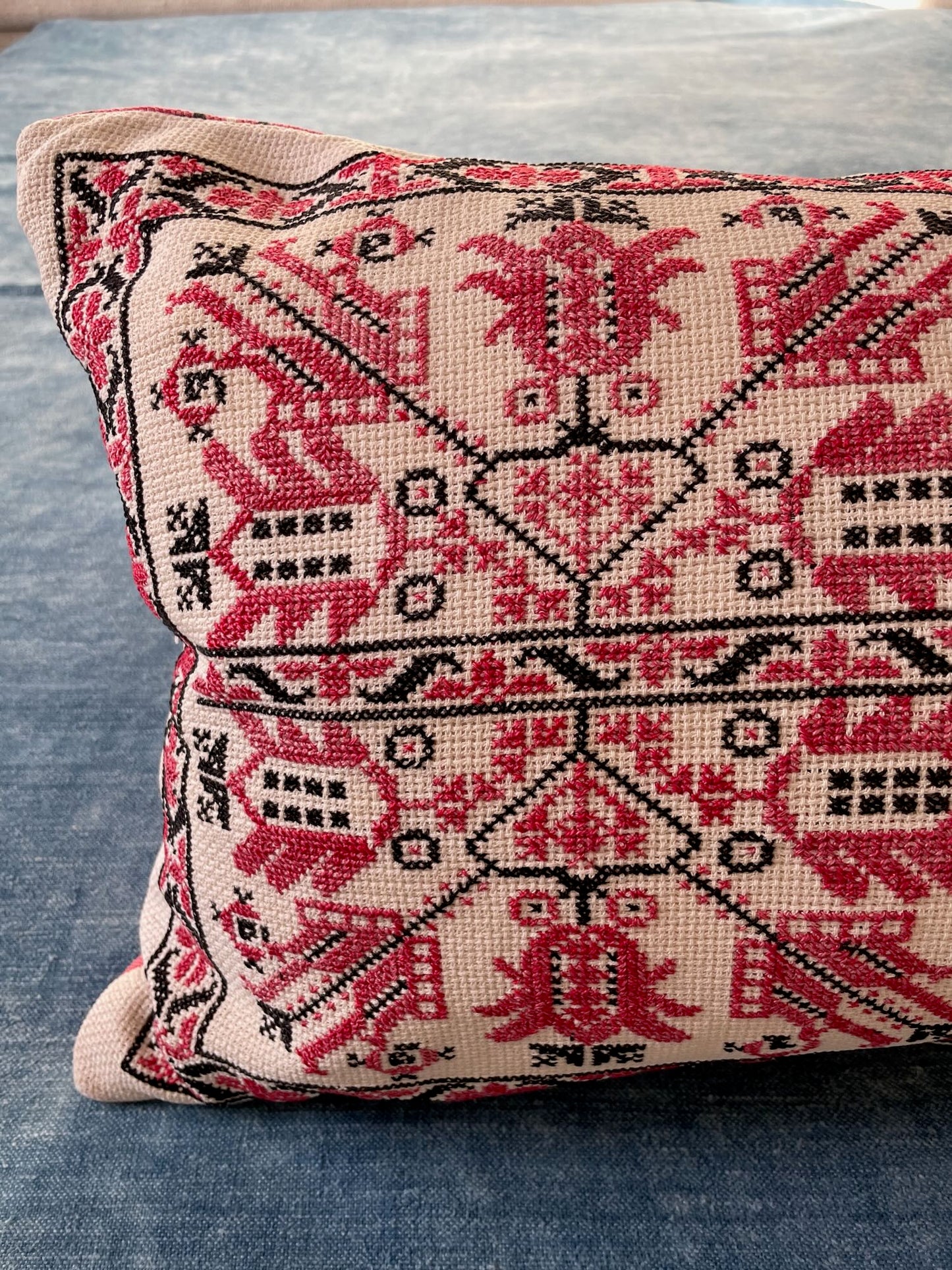 red black cushion cross stitch embroidered pillow sofa throw folk art vintage hungarian textile