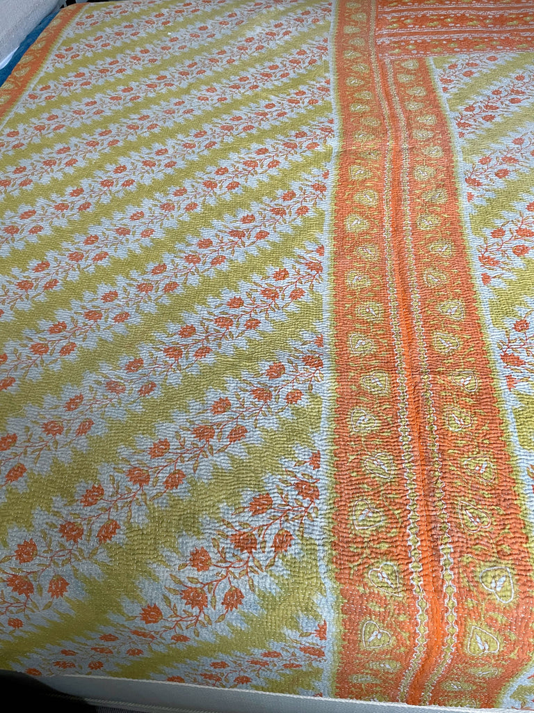 orange yellow green large kantha quilt cotton bedspread sofa throw comforter washable
