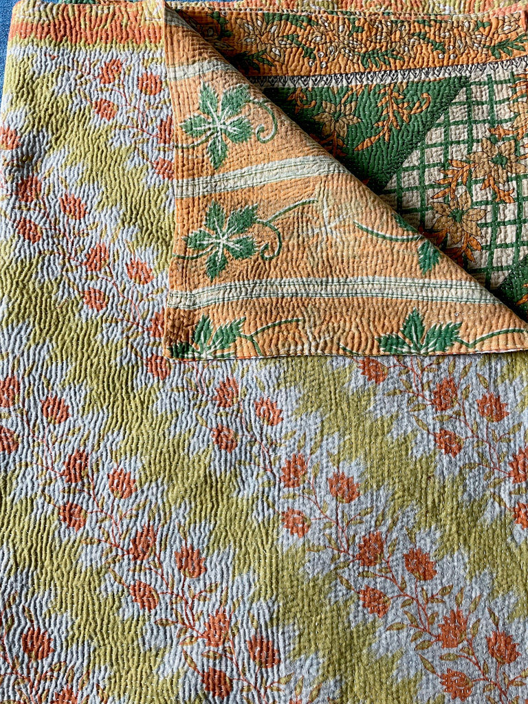 orange yellow green large kantha quilt cotton bedspread sofa throw comforter washable