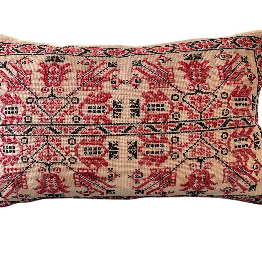 red black cushion cross stitch embroidered pillow sofa throw folk art vintage hungarian textile