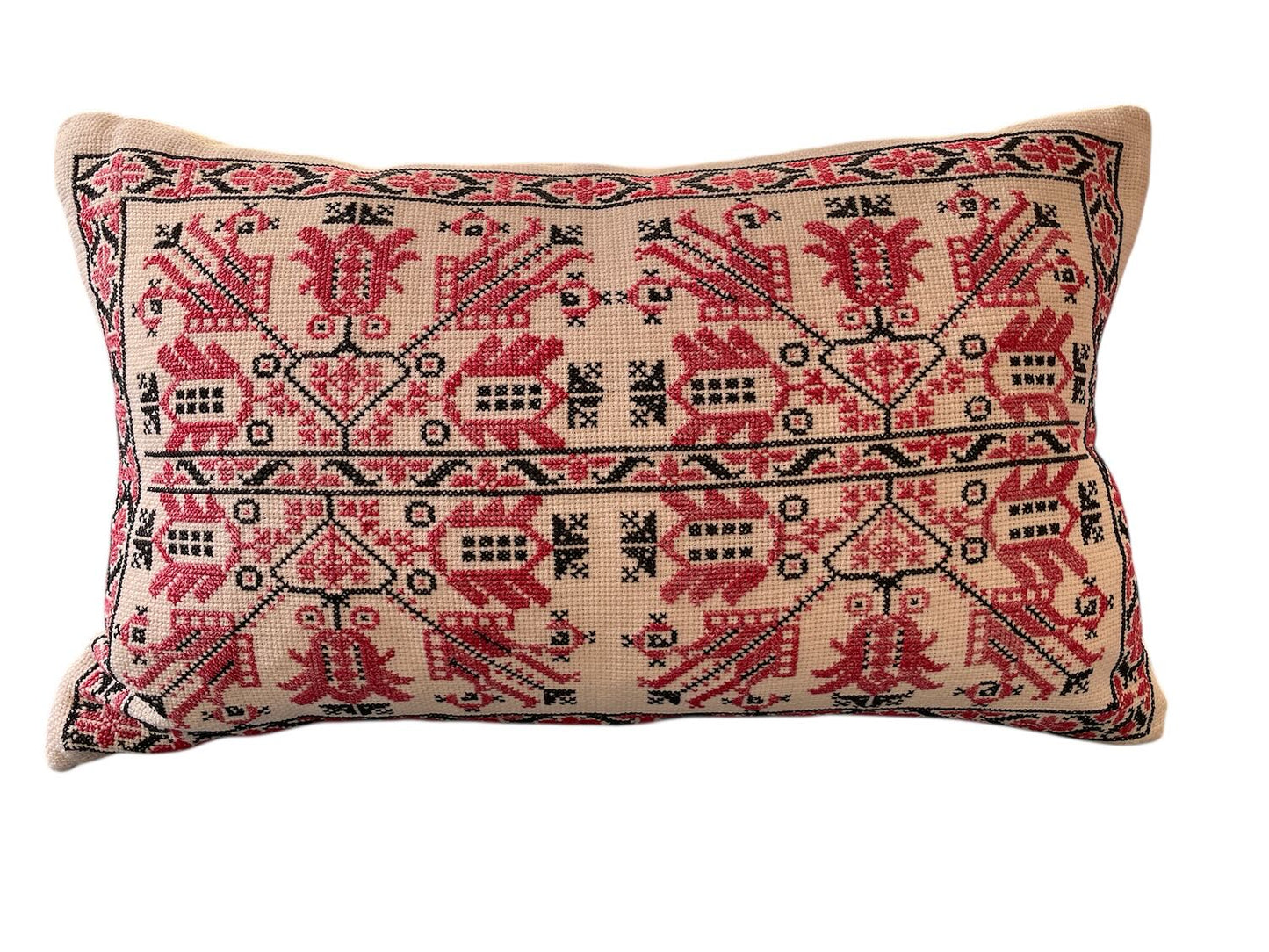red black cushion cross stitch embroidered pillow sofa throw folk art vintage hungarian textile