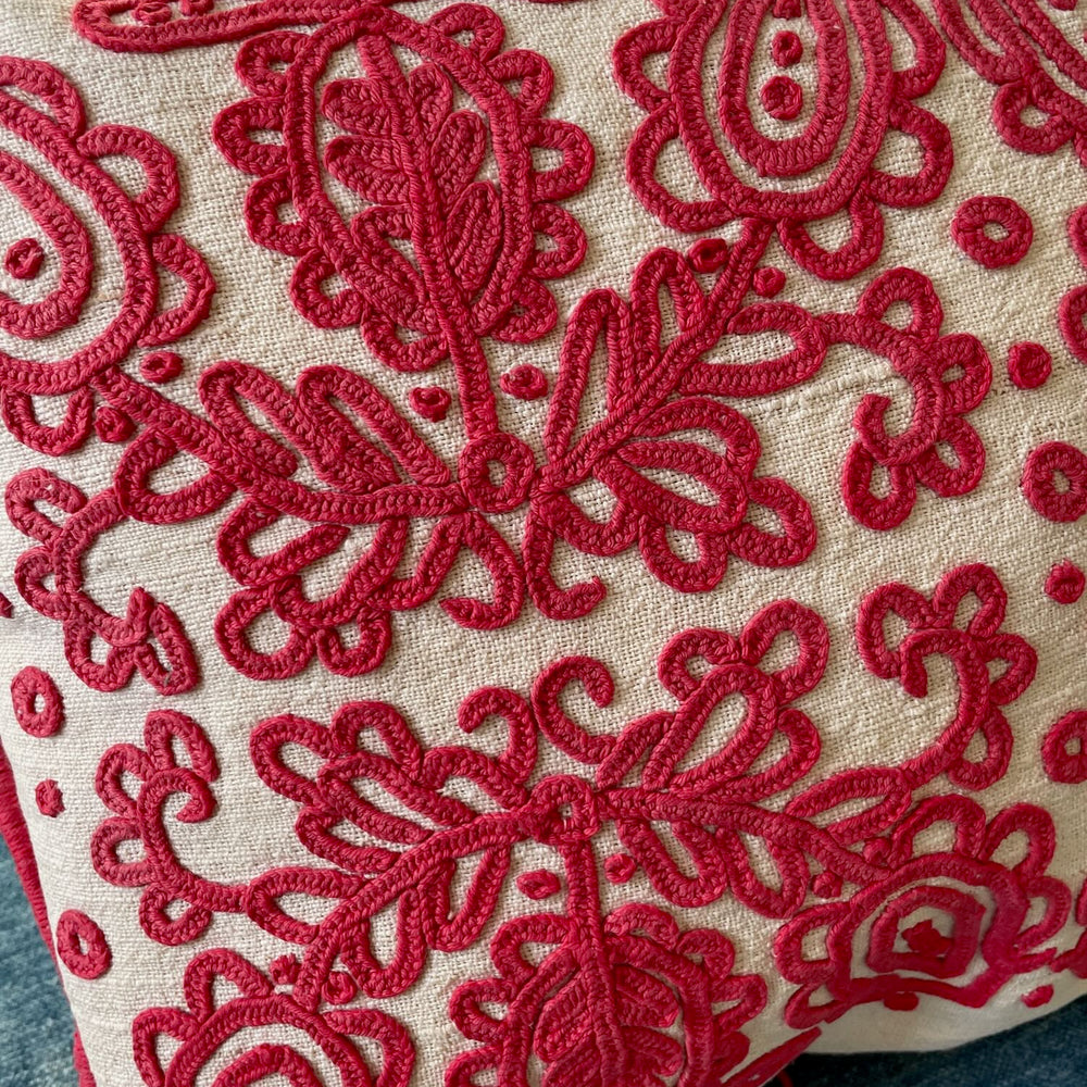 red irasos embroidered cushion vintage pillow hungarian floral folk art textile sofa throw 