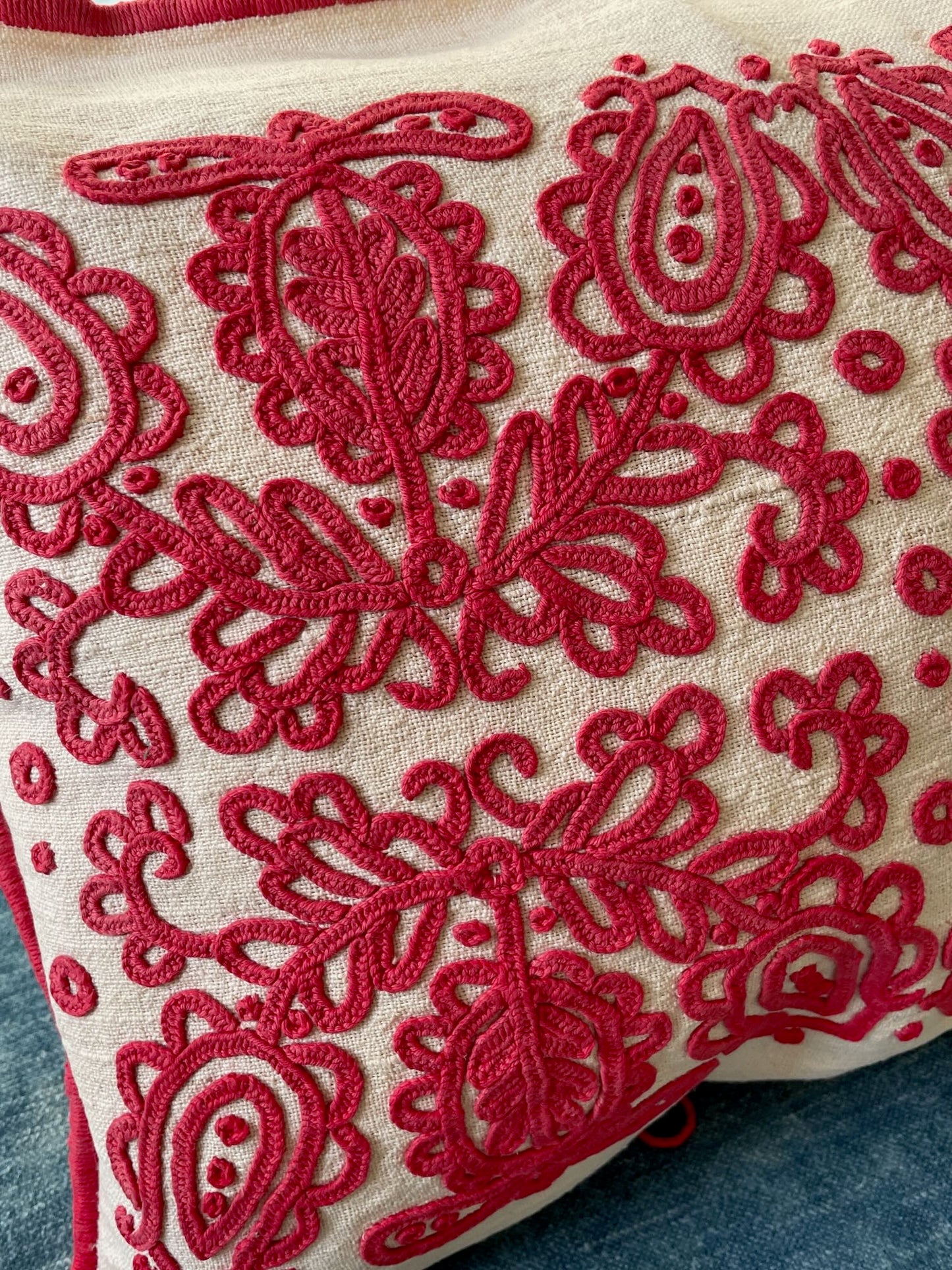 red irasos embroidered cushion vintage pillow hungarian floral folk art textile sofa throw 