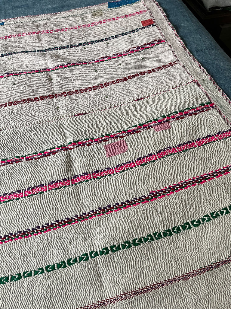 white pink embroidered kantha quilt cotton bedspread small sofa throw handmade artisan comforter