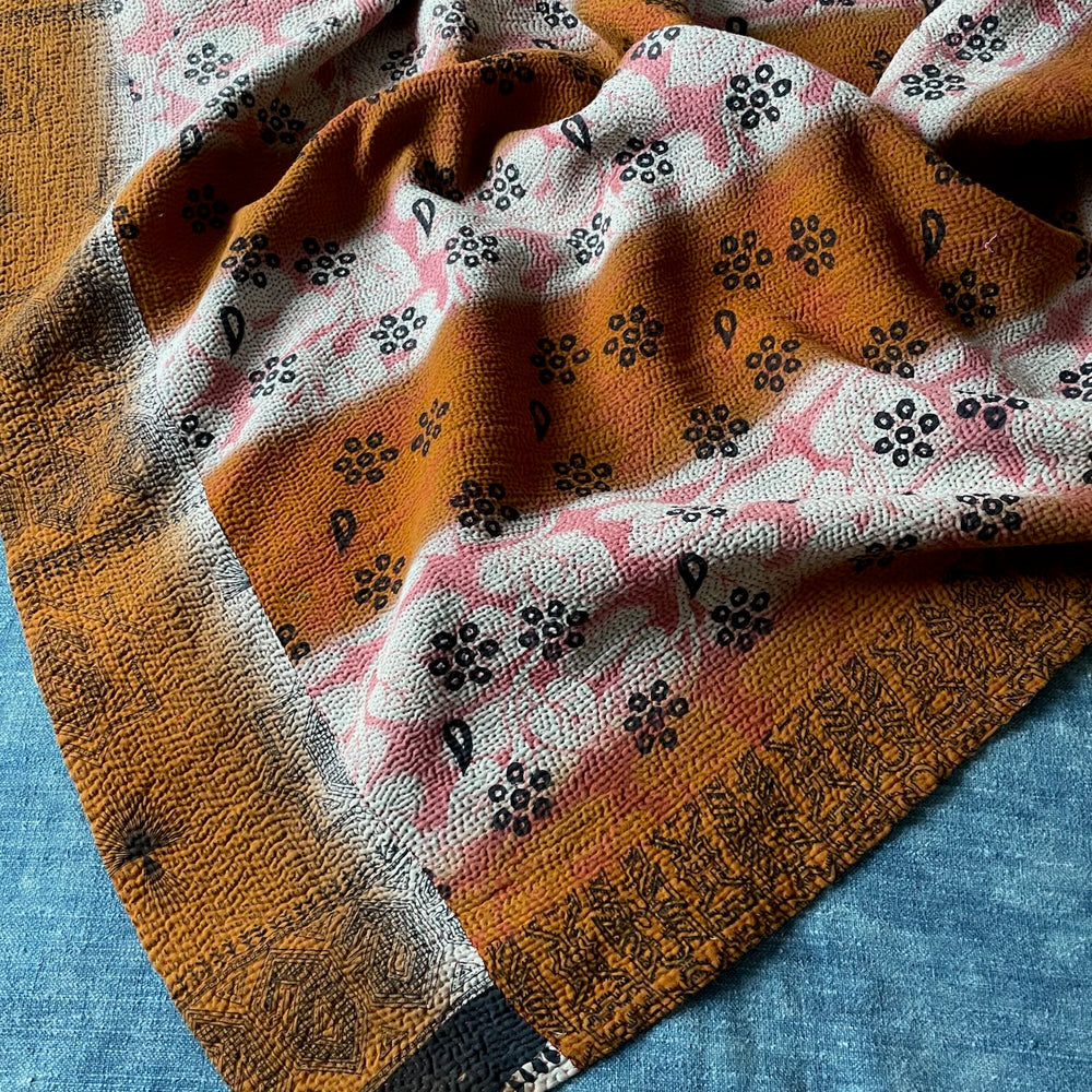 bright orange brown pink bedcover large kantha quilt fine stitching sari cotton washable comforter