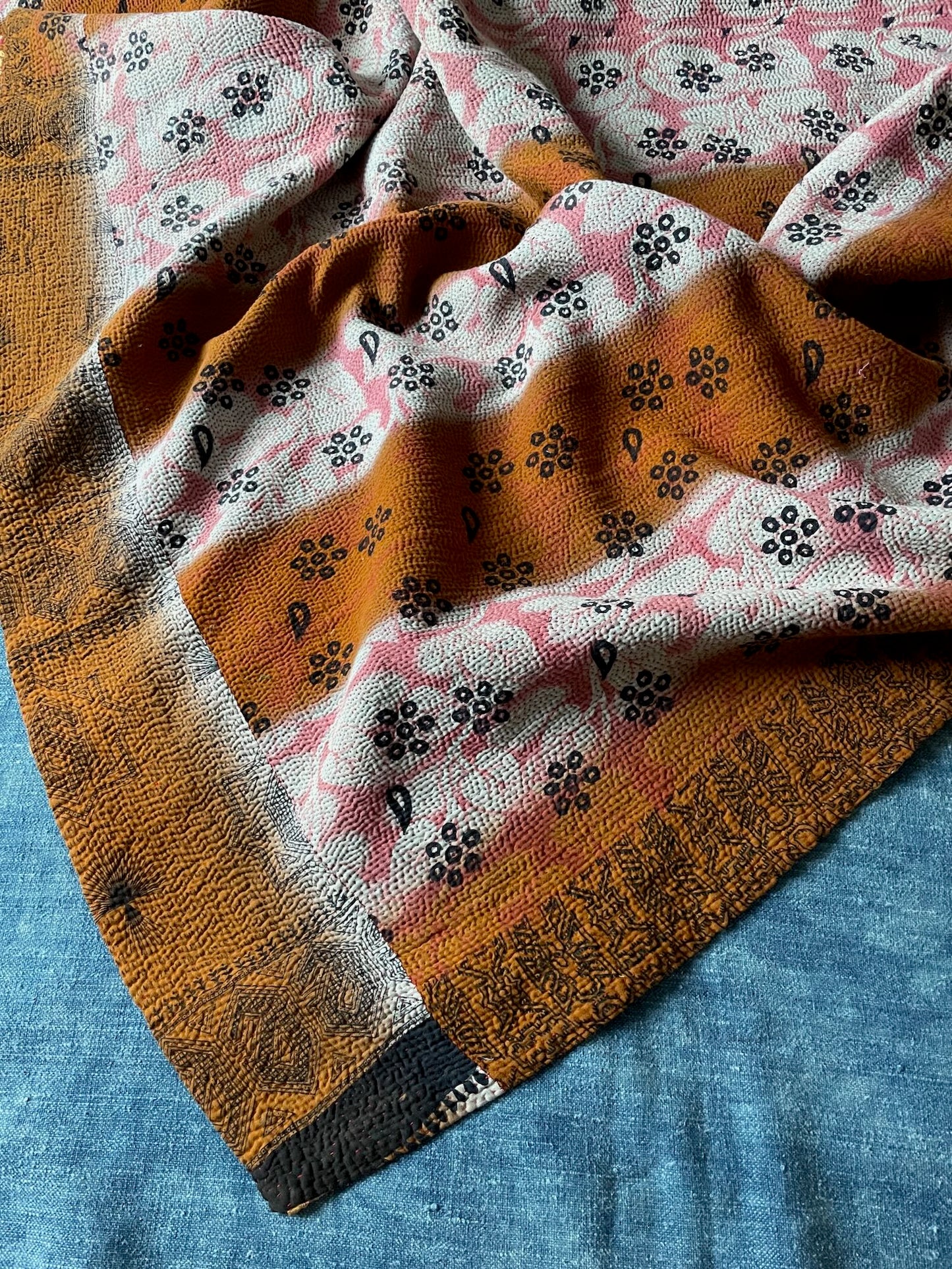 bright orange brown pink bedcover large kantha quilt fine stitching sari cotton washable comforter